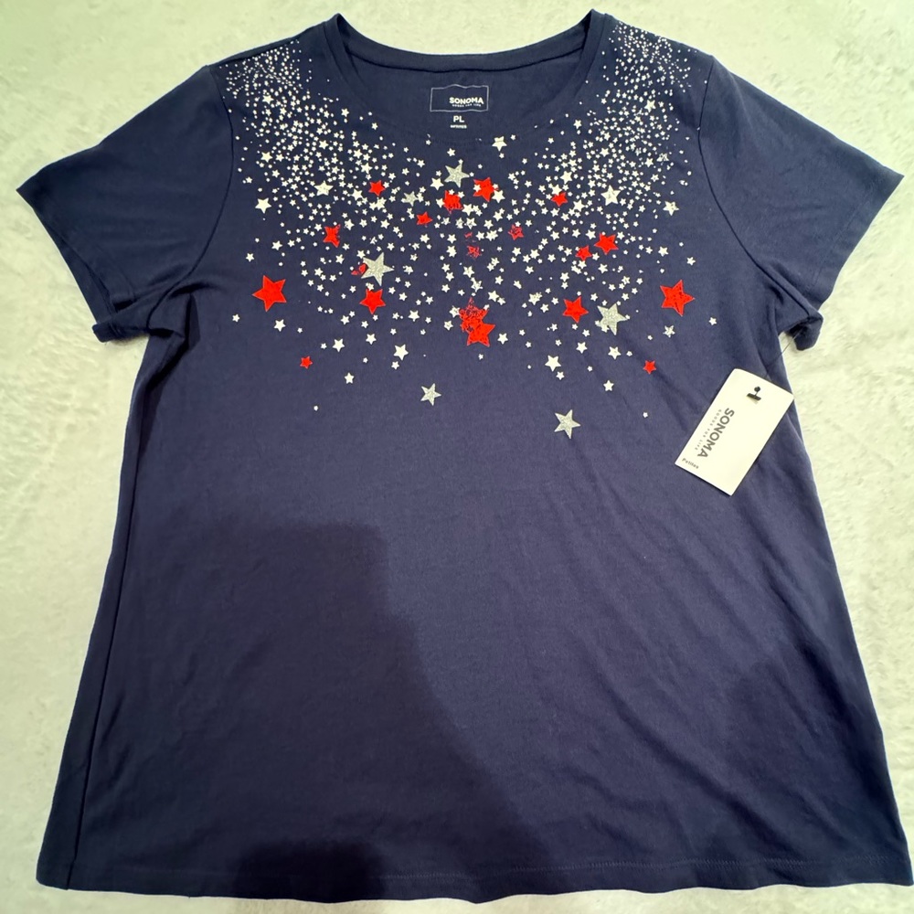 🇺🇸 Sonoma Women’s Petite Size L 4th Of July Stars Navy T-Shirt New With Tags